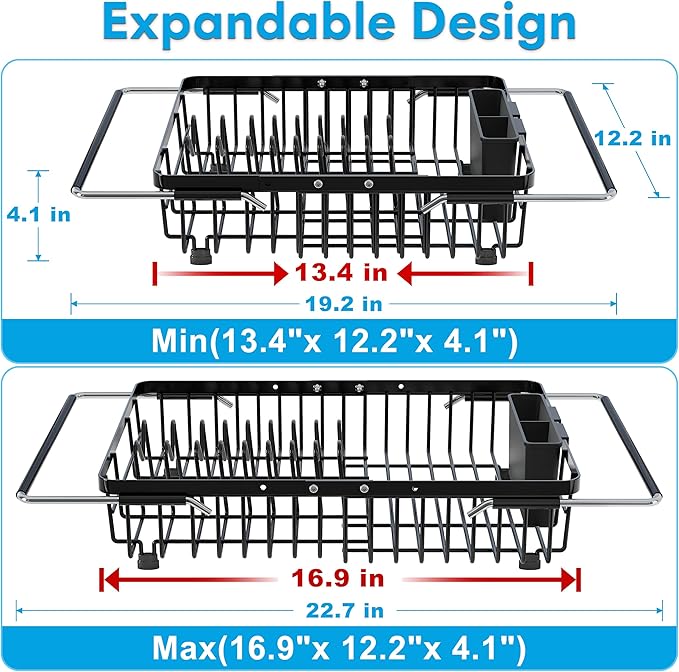 JASIWAY Expandable Stainless Steel Over The Sink Dish Drying Rack for Small Kitchen Counter Space Saving, Compact Black Plate Drainer Strainer, Adjustable Hanging Metal Dish Dryer with Utensil Holder