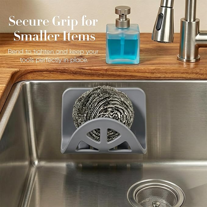 Flexible Sponge Holder for Kitchen Sink Adhesive - Bendable Silicone Sink Caddy 2 Pack, Metal Core Dish Scrubber Rack, Fold-Flat Organizer for Soap Brush Razor, Stone Wall Mount (Gray)