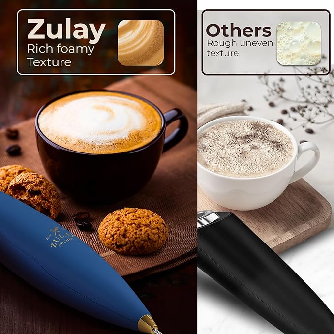 Zulay Kitchen Powerful Milk Frother Wand With Duracell Batteries - Ultra Fast Handheld Drink Mixer - Electric Whisk Foam Maker for Coffee, Lattes, Cappuccino & Matcha - Triple Whisk - Prussian Gold