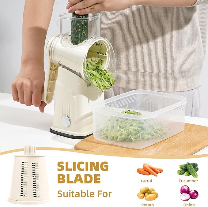 Rotary Cheese Grater with Handle, Vegetable Shredder with 5 Replaceable Blades & Strong Suction Base, Round Food Slicer & Chopper for Kitchen Fruit Vegetables Nuts with Blade Storage Box (Beige)