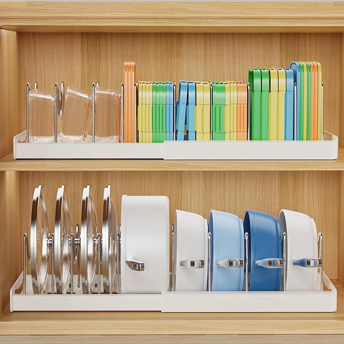Nigelia 2 Pack Pots and Pans Organizer for Under Cabinet, 22" Expandable Food Storage Container Lid Organizers with 10 Adjustable Dividers Pot Lid Holders Rack Inside Cabinet&Kitchen Countertop(White)