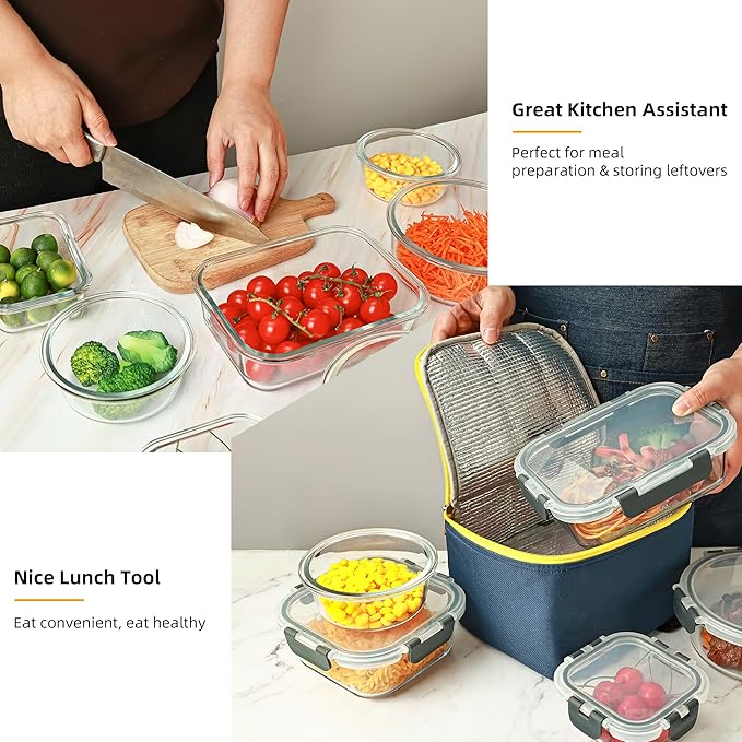 12 Pack Glass Food Storage Containers Set, Glass Meal Prep Containers with Lids, Airtight Lunch Containers, Dishwasher Safe, blue