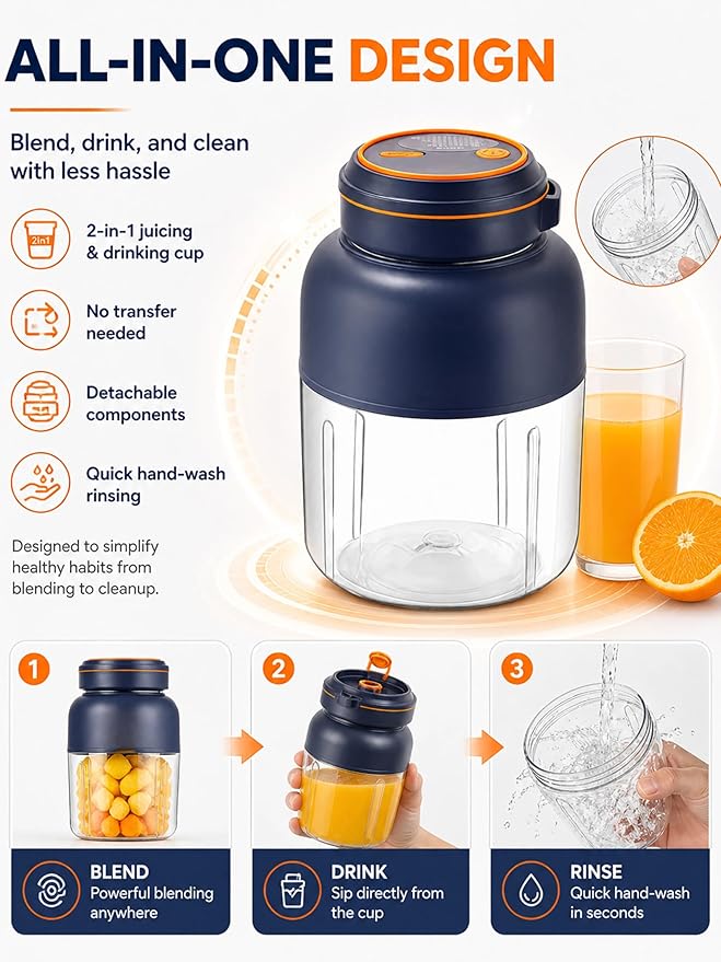 Wireless Juicer Cup, 2026 New 1300ml Portable Electric Juicer Cup, USB Rechargeable Electric Juicers Cups with Dual Lid, Portable Blender for Shakes & Smoothies with Zero Cord Hassle (B-1300ml)
