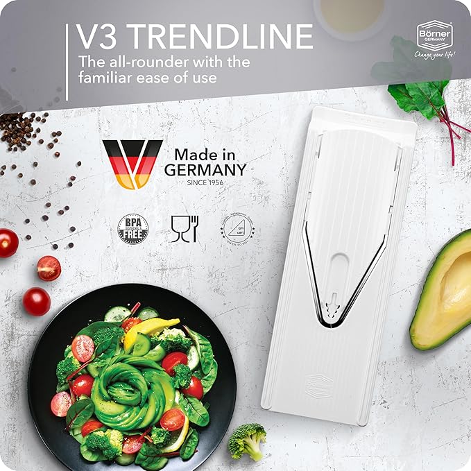 Mandoline Food Slicer Börner V3 (Profi Set) by Reston Lloyd • V-Slicer with 4 Inserts, Docking Station & Food Holder • Made in Germany • Fruit & Vegetable Chopper • Multiple Settings • Color: White