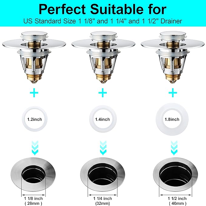 Universal Bathroom Sink Stopper - Stainless Steel Bounce Drain Filter, Pop Up Drain Stopper, Bullet Core Push Type Sink Stopper for Wash Basin, Sink Drain Plug with Anti-Clogging Strainer, Chrome