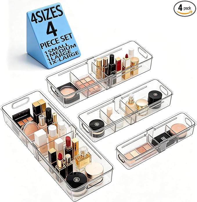BLULEE Adjustable Clear Drawer Organizers, Expandable Bathroom Drawer Organizer Bins with Dividers, Versatile Makeup Organizer for Drawer, Plastic Desk Drawer Organizer (4 Pcs)