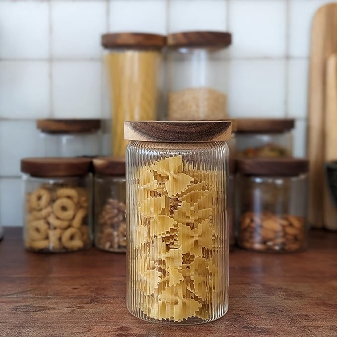 Mason & Fable Ribbed Glass Jar, Stackable & Airtight Wooden Lid- Storage Canister for Cookies, Treats, Tea or Sugar - High End Look for Kitchen, Pantry, Bar or Bathroom -27 fl oz, Single