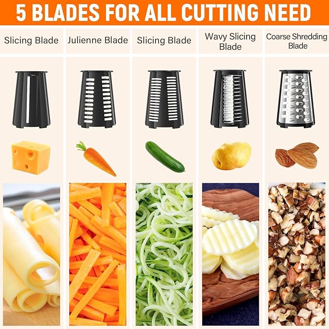 5 Blades Rotary Cheese Grater Hand Crank Vegetable Chopper Shredder Spiralizer Slicer Mandoline for Vegetable & Cheese & Fruit, Food Chopper for Kitchen with Blades Storage Box & Suction Base (Black)