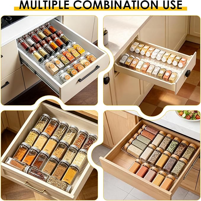 8 Pack Spice Drawer Organizer, Acrylic Spice Rack Expandable From 9" to 18", Clear Seasoning Organizer Tray for Kitchen Holds up to 48 Jars (Jars Not Included)