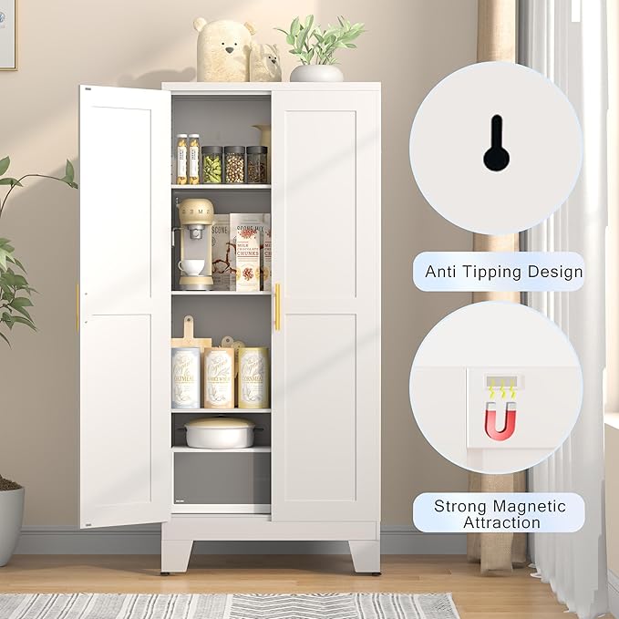 GAIOUS 61.02" Pantry Cabinet, Kitchen Pantry Storage Cabinets with Adjustable Shelves and Feet, White Pantry Storage Cabinet for Kitchen, Dining Room, Living Room and Bathroom (White) Metal