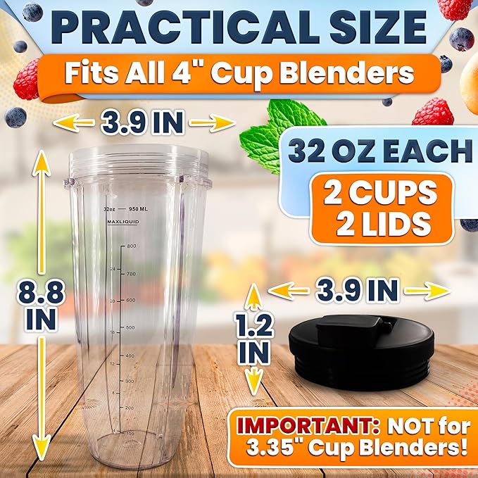 32 Oz Replacement Cups for Ninja Blender – 2 Pcs Compatible with Models BL480/BL450/480D, BN800/751/800/801/401, Auto IQ Series NN100/101/102, BL910 | SS101/151/401 – Blender Cups with Twist-On Design