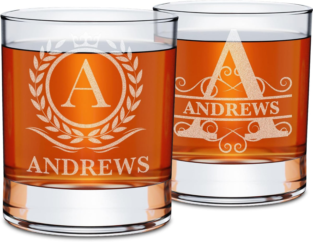 Personalized Whiskey Glasses Set of 2 – Engraved Monogram Bourbon Scotch Groomsmen Dad Gift for Men – Custom Initial Name Old Fashioned Birthday Rocks Glasses (2)