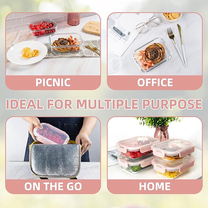 10 Pack 22 oz Glass Meal Prep Containers, Food Storage Containers with Lids, Airtight Leakproof Lunch Containers for Kitchen, Freezer, Microwave, Dishwasher Safe (Pink)