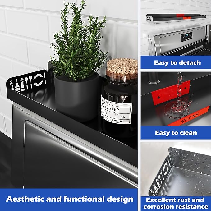 STUTOV 30" Magnetic Stove Top Shelf – Black Spice Rack with Red Logo and Seasoning Organizer – Kitchen Shelf for Back of Stove – Over Stove Rack and Storage Organizer