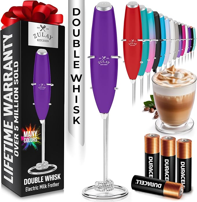 Zulay Kitchen Powerful Milk Frother Wand With Duracell Batteries - Ultra Fast Handheld Drink Mixer - Electric Whisk Foam Maker for Coffee, Lattes, Cappuccino & Matcha - Double Whisk - Purple