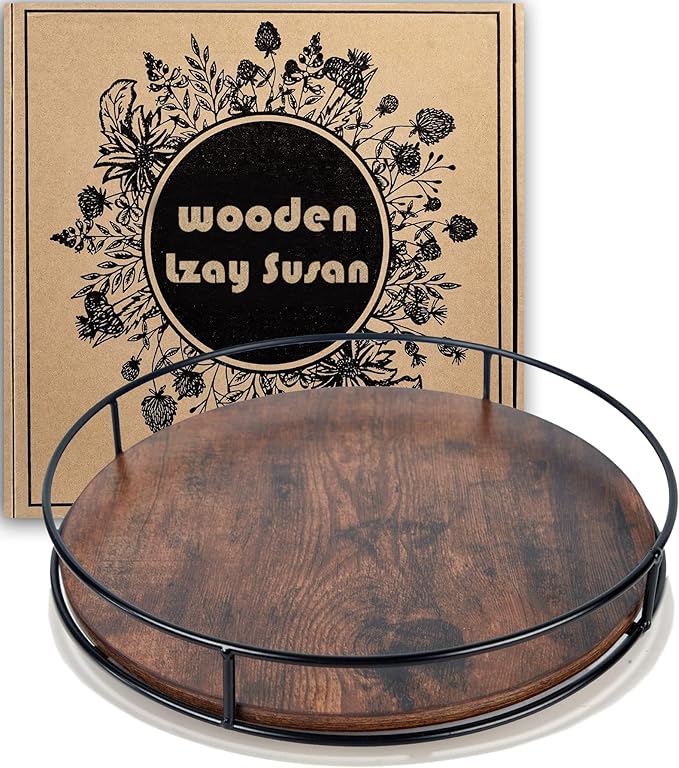 12 Inch Wood Lazy Susan, Rustic Brown Turntable Organizer with Steel Frame, 360 Degree Decorative Turntable for Countertop or Centerpieces