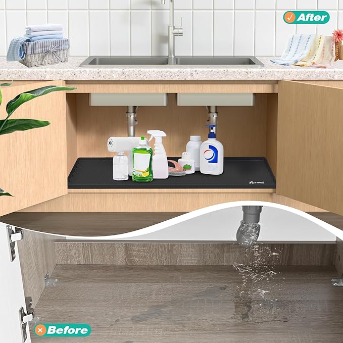 Waterproof Under Sink Mat 34" x 19", Silicone Cabinet Liner, Rubber Protector for Kitchen and Bathroom, Keeps Cabinets Clean, Dry, and Organized (Black)