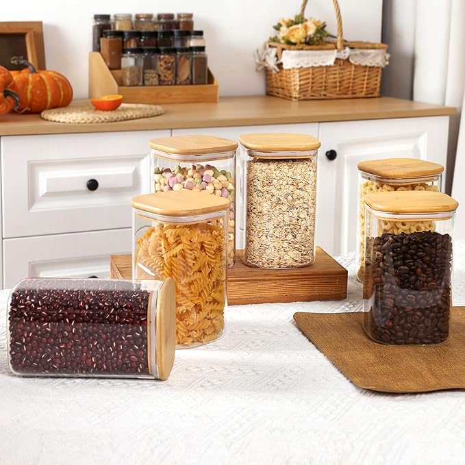 Moretoes 6 Pack 1.2qt Square Glass Storage Containers with Bamboo Press Lids, Airtight Pantry Storage Jars for Flour, Sugar, Dry Goods