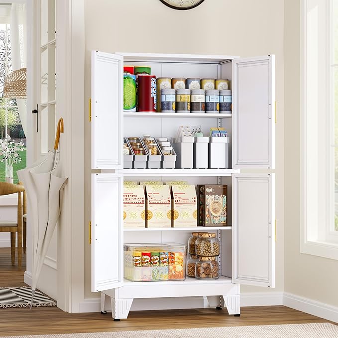 GAIOUS 47.25" Metal Pantry Cabinet, Storage Cabinets with 4 Door and 2 Adjustable Shelves, White Bathroom Cabinet, Freestanding Cupboard for Kitchen Dining Living Room Bathroom