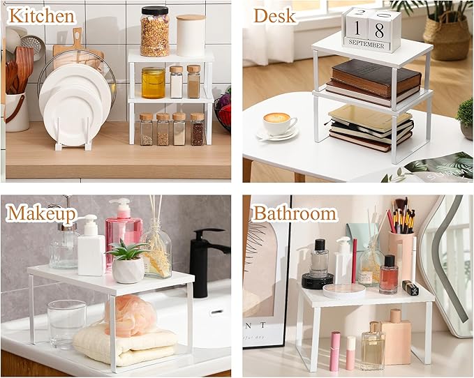 Marsui 4 Pcs Kitchen Organizer Accessories Set Cabinet Organizer Shelf and Bamboo Dish Drying Plate Rack Counter Shelves Storage Holder for Spice Rack, Dish, Pot Lid, Bowl, Cup (White)