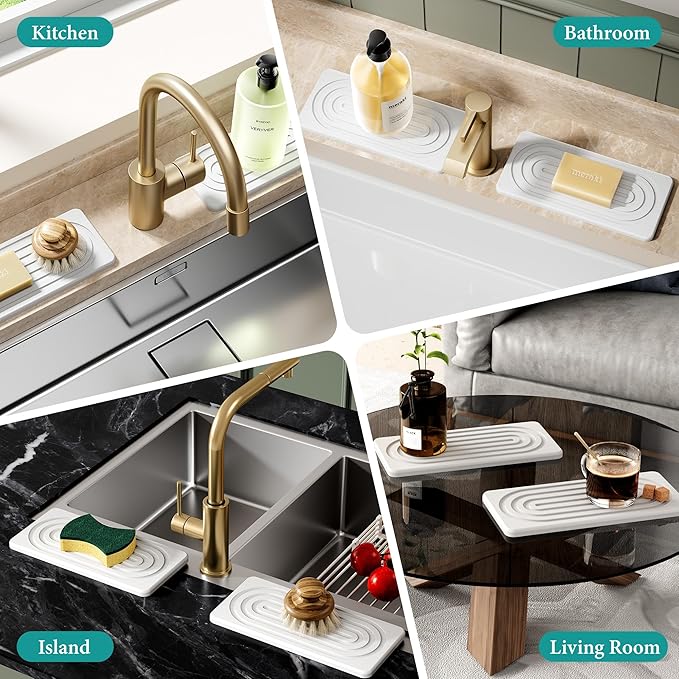 Water Absorbing Stone Tray, Quick Drying Diatomite Bathroom Tray Countertop, Stone Drying Mat for Kitchen Counter, Soap Dish Dispenser Vanity Organizer, White-B-8.3" x 4"