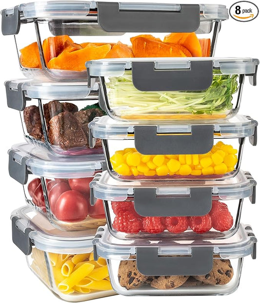 16PCS (8 Bowls + 8 Lids) High Borosilicate Glass Meal Prep Containers, Food Storage Containers with Airtight Lids, Glass Lunch Bento Boxes,Dishwasher Safe, grey