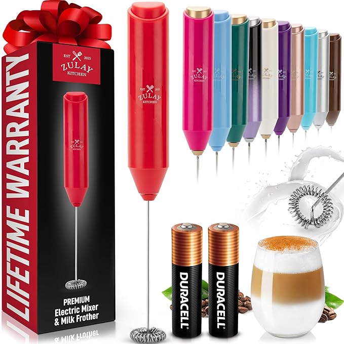 Zulay Kitchen Powerful Milk Frother AA Batteries Included – Ultra Fast Handheld Drink Mixer with Stainless Steel Whisk Stirrer for Coffee, Protein, Matcha & More, Frother Wand Electric Frothmate Red