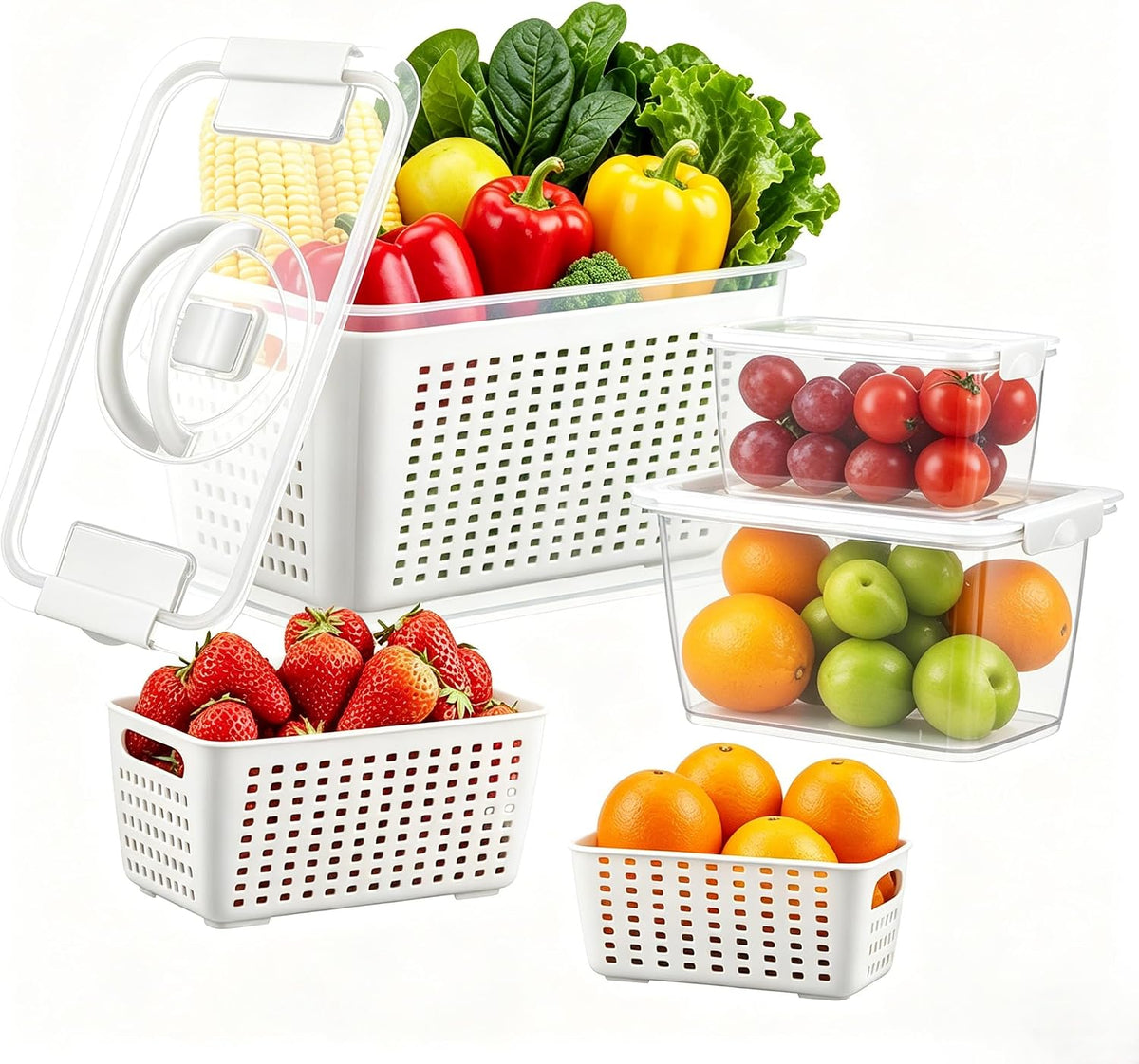 Produce containers for fridge,3 Set Fruit Containers with Removable Colander, BPA-Free Produce Saver Containers with Lids Dishwasher&Microwave Safe Keep Fruits, Vegetables, Berry, Fresh Longer