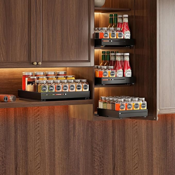 SNTD Pull Out Spice Rack for Upper Cabinet - Expandable Organizer with Smooth Ball Bearing Slides, No Drill Mounting Spice Storage for Kitchen (2 Pack, 7.2" to 12.9" W X 10" D X 2.2" H)