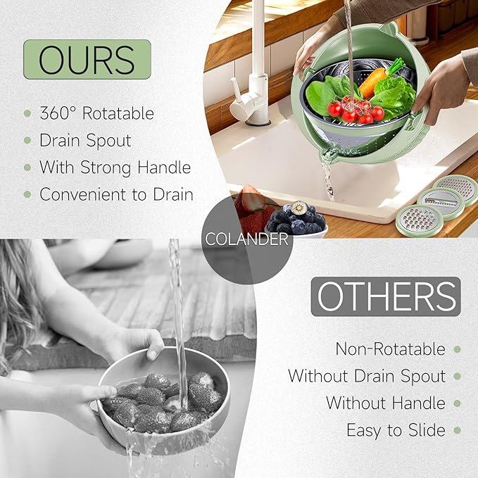 4-1 Strainer with Bowl & Spoons Set - Strainers and Colanders - Colanders for kitchen(Patented) - Pasta Strainer with Upgraded Graters & Spoons for Fruit Veggie Kitchen Essentials, Green