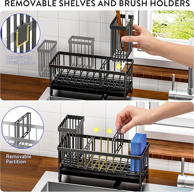 Cisily Kitchen Soap Dispenser Set with Sink Caddy, Glass Bottle, Hand and Dish Soap Dispenser Set with Sponge Holder (Black & White Round Bottles + Black Sponge Holder)