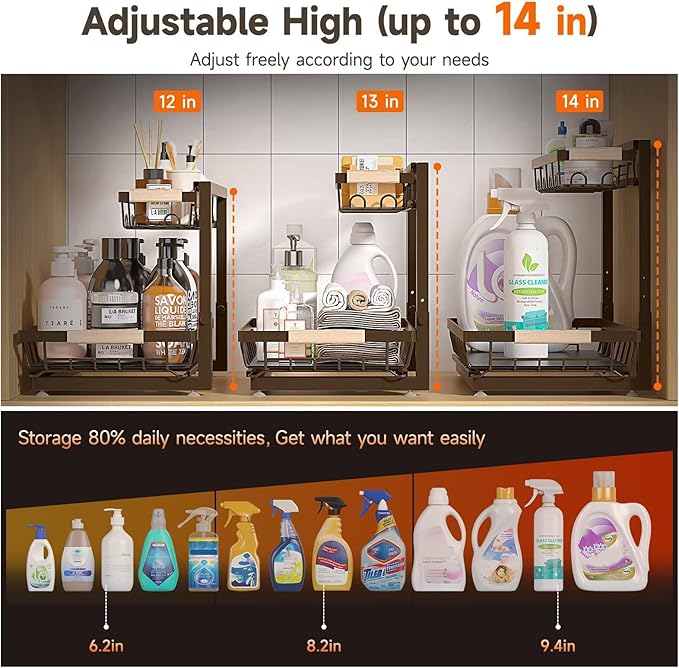 Sevenblue 2 Packs Under Sink Organizer, Height Adjustable 2 Tier Under Kitchen Sink Organizer, Multi-Purpose Storage Shelf for Kitchen Bathroom Cabinet