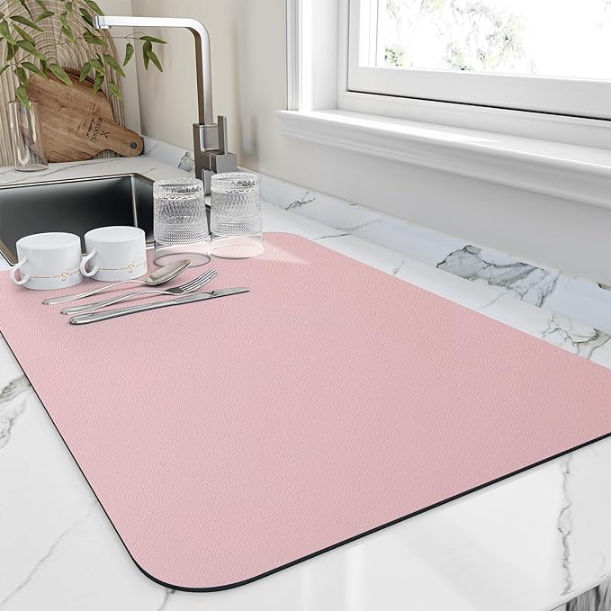 HotLive Dish Drying Mat for Kitchen Counter, Heat Resistant Drainer Mats with Non-slip Rubber Backed, Hide Stain Kitchen Super Absorbent Draining Mat, Easy to Clean Dish Rack Pad, Pink 18"x24"