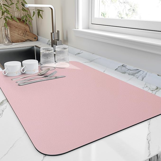 HotLive Dish Drying Mat for Kitchen Counter, Heat Resistant Drainer Mats with Non-slip Rubber Backed, Hide Stain Kitchen Super Absorbent Draining Mat, Easy to Clean Dish Rack Pad, Pink 18"x32"