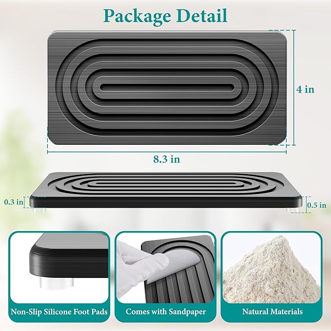 Water Absorbing Stone Tray, Quick Drying Diatomite Bathroom Tray Countertop, Stone Drying Mat for Kitchen Counter, Soap Dish Dispenser Vanity Organizer, Dark Grey-A-8.3" x 4"