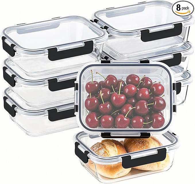 8 Pack 36oz Large Glass Meal Prep Containers with lids, Glass Food Storage Containers with Leak Proof Snap Lock Lids , Airtight Bento lunch Boxes, Kitchen Storage, Oven, Freezer and Dishwasher Safe