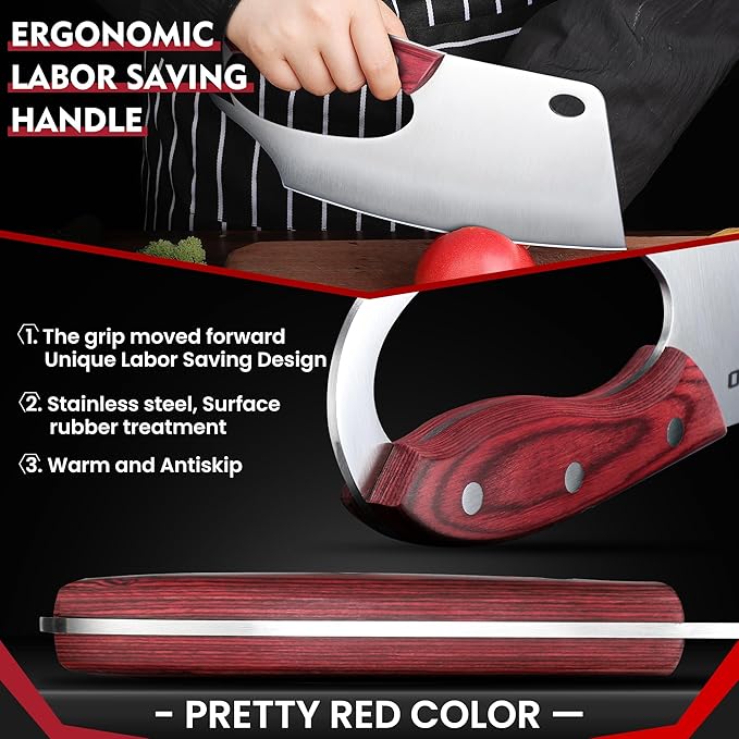 ROCOCO Easy Handle Meat Cleaver - Effort Saving Chef Knife Unique Professional for Kitchen Cutting Meat Vegetable Gift Red Full Tang Stainless Steel 7.48"