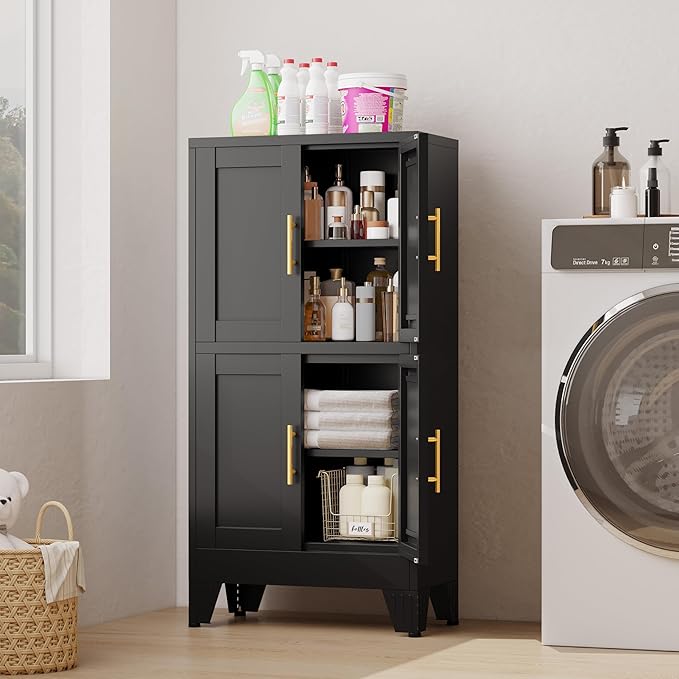 GAIOUS 47.25" Metal Storage Cabinet, Black Kitchen Food Storage with 4 Door and 2 Adjustable Shelves, Freestanding Bathroom Cabinet, Pantry for Kitchen Dinning Room, Cupboard