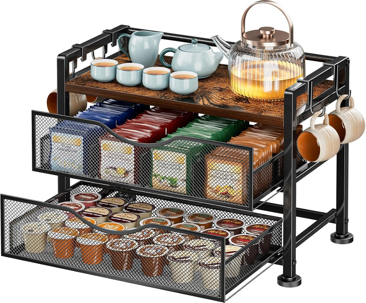 3 Tiers Tea Bag Organizer for Countertop - Wood Teabag Holder with Drawers