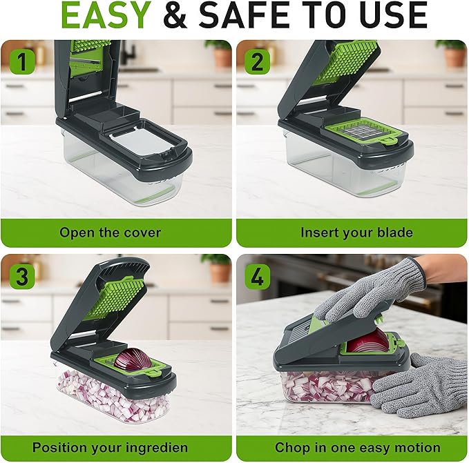 Mandoline Slicer for Kitchen, Vegetable Chopper with Adjustable Stainless Steel Blades, Fruit Slicer & Food Cutter for Potato, Onion, Cucumber, Carrot and Meal Prep, Easy to Clean