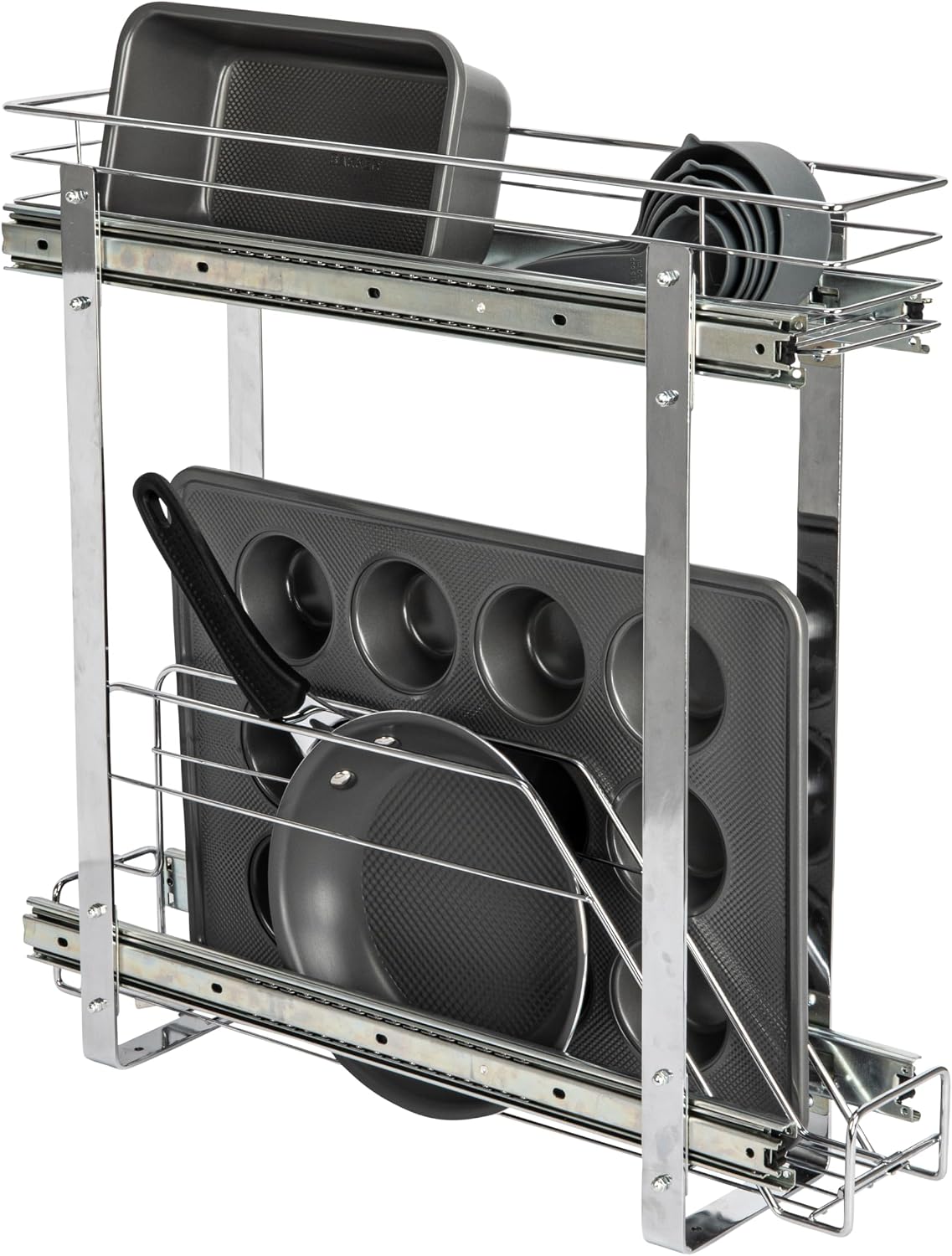 Glidez Multipurpose Chrome-Plated Steel Pull-Out/Slide-Out Storage Organizer for Cookware and Bakeware - 2-Tier Design - Fits Standard Size Cabinet or Shelf, Chrome