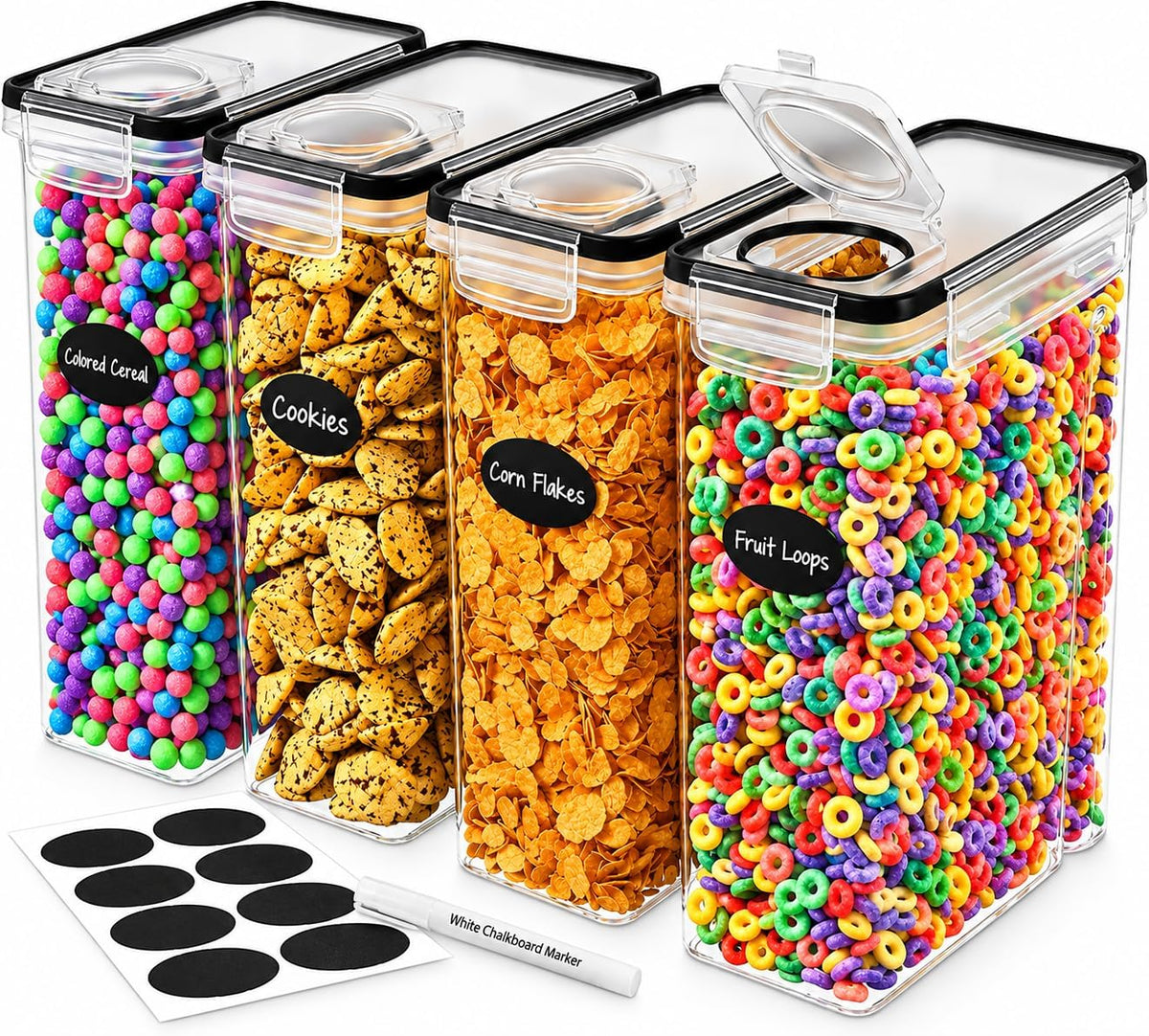 Cereal Containers Storage 4L Set of 4 Airtight Food Storage Containers with Lids Cereal Dispenser Countertop Pantry Organization Canister for Rice Flour & Sugar 1 Marker 8 Labels
