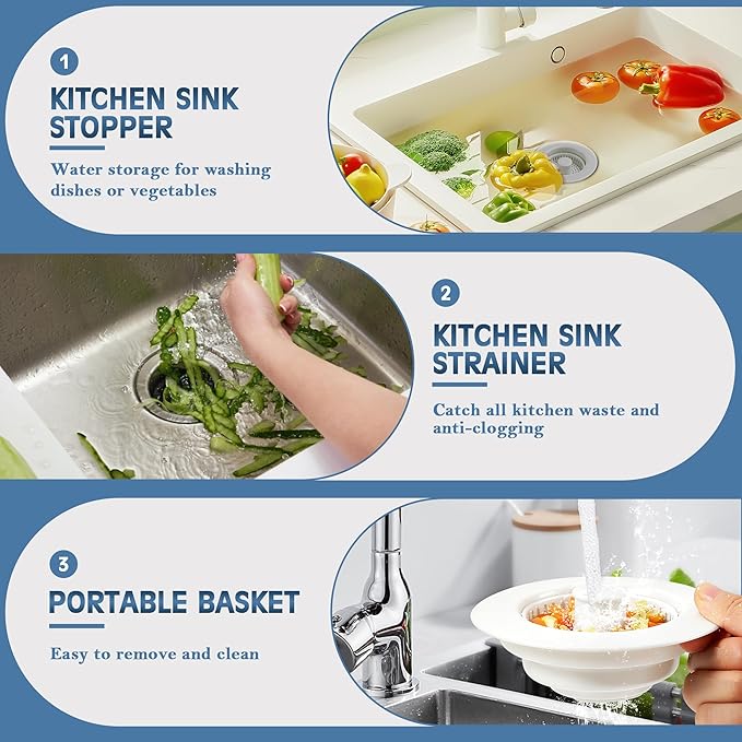 Kitchen Sink Drain Strainer 3 in 1, 304 Stainless Steel Pop Up Sink Stopper, Anti-Clogging Sink Drain Strainer for US Standard Kitchen Drain (White)