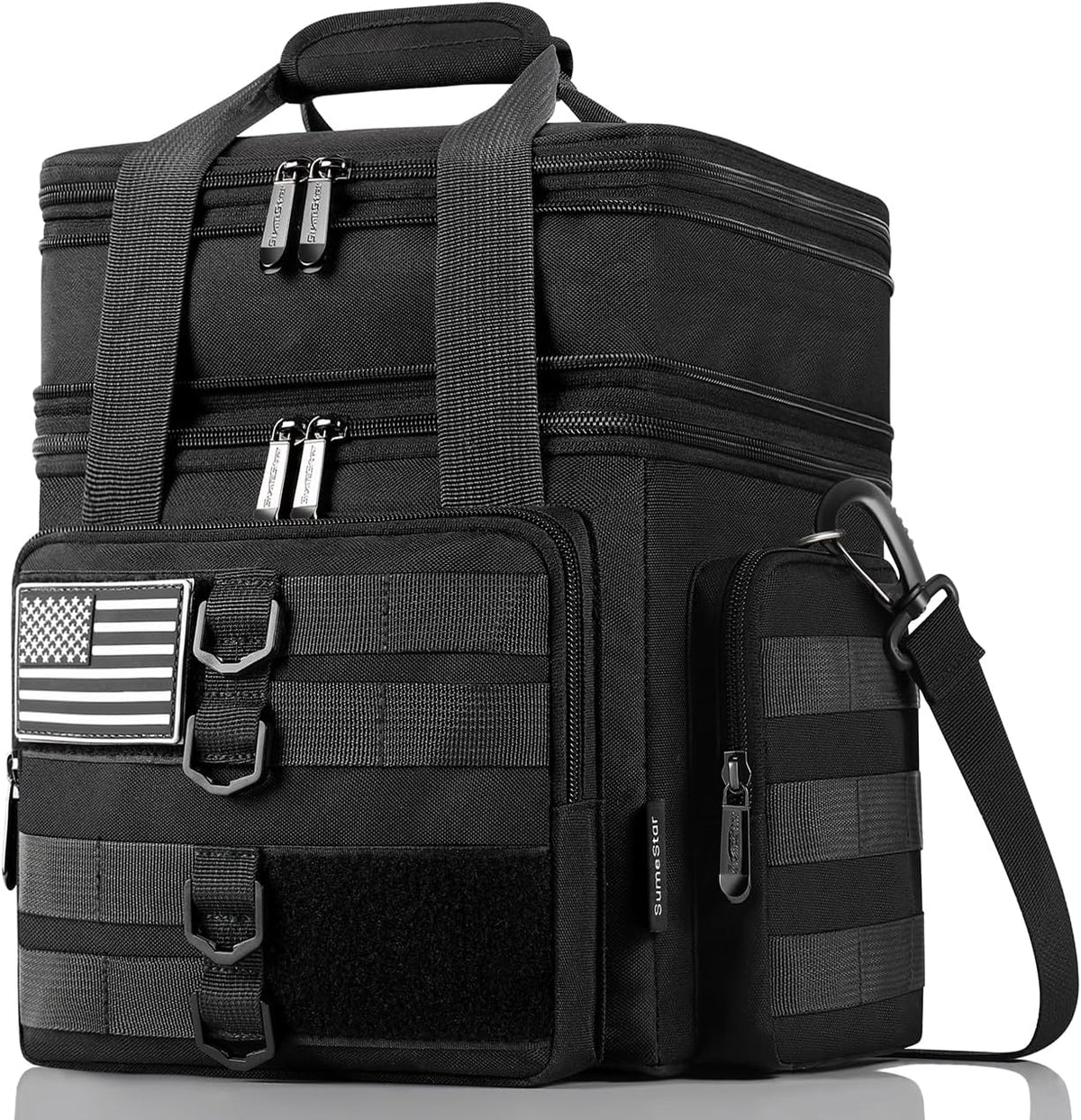 Tactical Lunch Box for Men, Large Insulated Lunch Bag for Adult, Heavy Duty Double Deck Expandable Lunch Cooler Bag with American Flag, Leakproof Soft Lunch Pail for Work Office Camping - Black