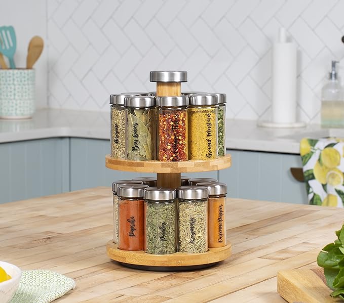 Orii 16 Jar Spice Rack with Spices Included & 5-Year Free Spice Refill Program - Rotating Countertop 2 Tier Tower Organizer for Kitchen Spices and Seasonings, (Bamboo Wood)