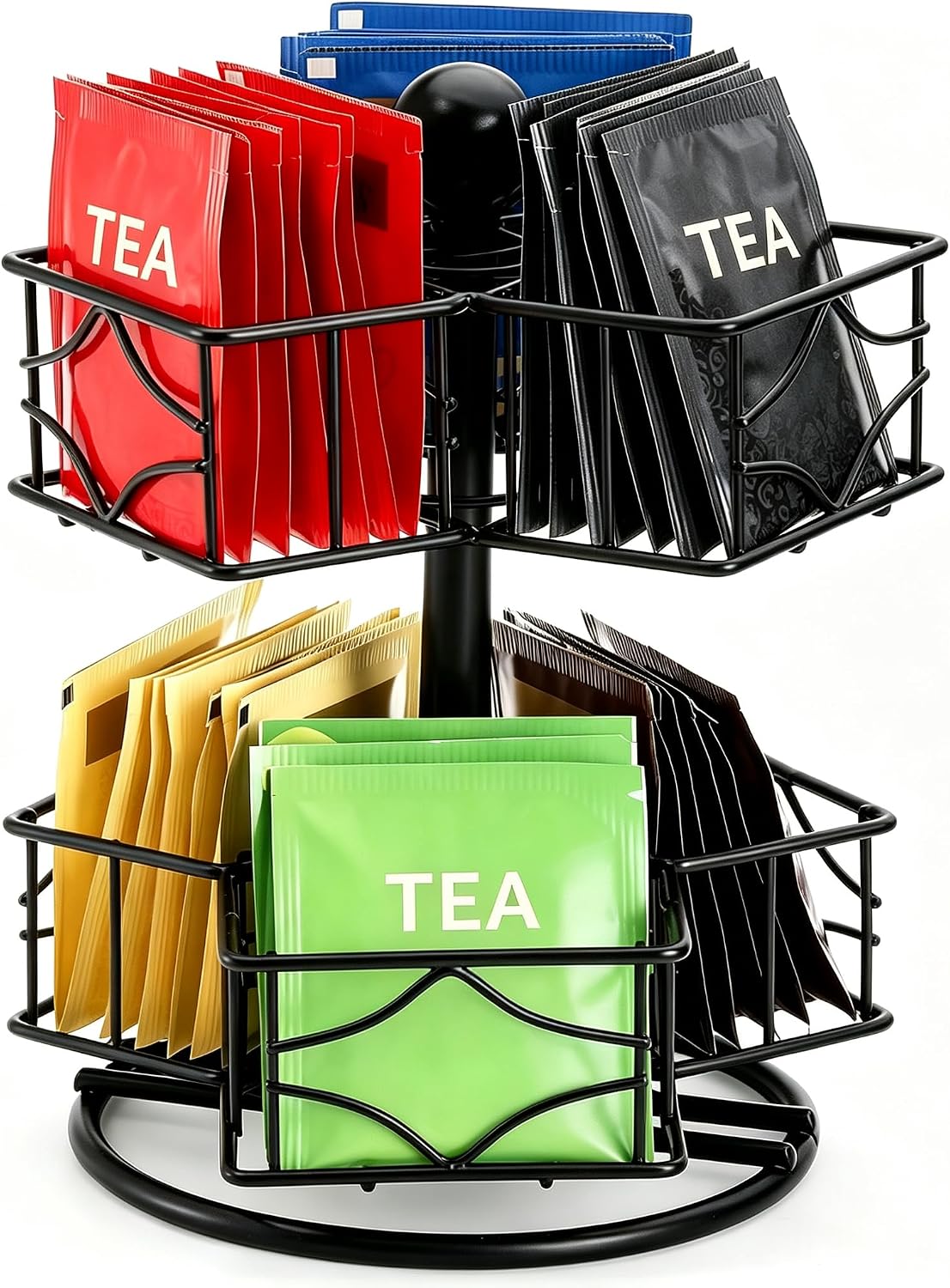 Tea Bag Organizer, 360 Degree Tea Bag Spining Carousel Organizer with 6 Compartments, Lazy Susan Sugar Coffee Creamer Caddy for Kitchen Counter Cabinet Organizer, Up to 60 Tea Bags Storage