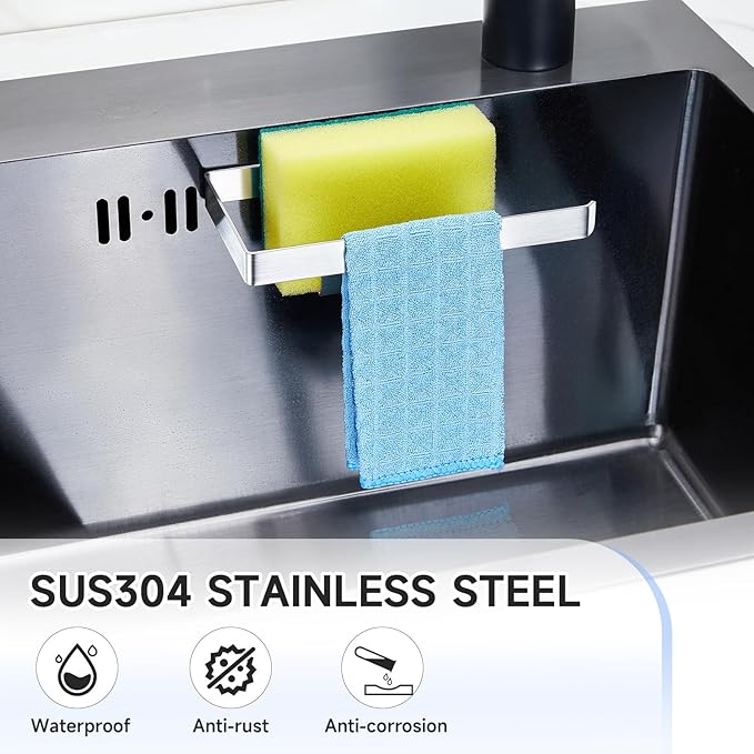 Sponge Holder for Kitchen Sink, Adhesive Dishcloth Holder, Dish Sponge Kitchen Sink Caddy 2 In 1, Metal Dishcloth Racks Sink for Dishcloths, Sponges, Brushes and Glove (Sliver)
