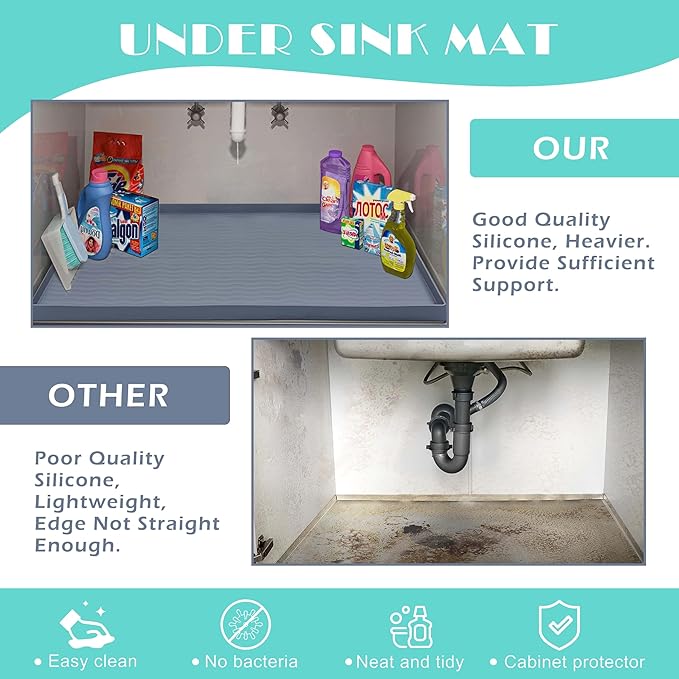 URMONA Waterproof Silicone Under Sink Mat 25'' x 19'' Shelf Liner for Kitchen and Bathroom, Cabinet and Counter Protector, Storage and Organizers, Litter Mat, Pet Cat Puppy Essentials(Dark Grey)