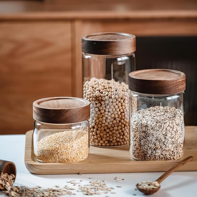 28 fl oz/850 ml Clear Glass Storage Canister with Airtight Wooden Screw Lid, Medium Cute Decorative Glass Container Jar for Coffee,Candy,Salt,Cookie,Condiment,Pepper,Sugar,Overnight Oatmeal