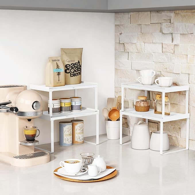 Goozii Counter Shelf Organizer Set of 4, Pantry Shelf Risers for Plates Dishes Cups Mugs Spices, Pantry Cupboard Cabinet Organizers and Storage Shelves Rack Insert for Countertop (White)